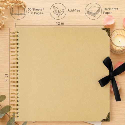 Scrapbook Photo Album 12"x12" 50-Sheet 100 Pages Kraft Paper Ribbon Closure - Image 3