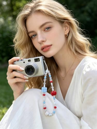 2 Pcs Phone Charm Strap Hand Wrist Strap Camera Lanyard Pearl Beaded Cute Chain String Accessories Universal for iPhone 17 Pro Max 16 15 for Samsung Women Girls Keychain Bags Red Apple and Beach Beads - Image 2
