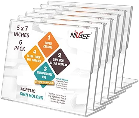 NIUBEE 5x7 Acrylic Sign Holder Horizontal L-Shape Menu Stand 6 Pack by NIUBEE