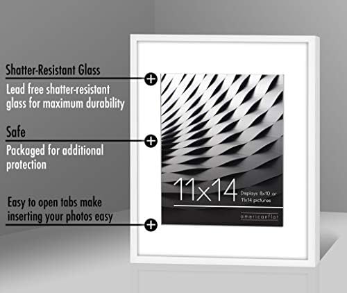 Americanflat 11x14 Picture Frame with Shatter-Resistant Glass - Use as 8x10 Frame with Mat or Display 11x14 Photo Without Mat - Streamline Collection - Thin Border Picture Frames for Wall - White - Image 6