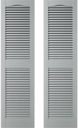 12 in. W x 43 in. H Builders Edge, Standard Cathedral Top Center Mullion, Open Louver Shutters, Includes Matching Installation Spikes (Per Pair), 945 - Platinum by Builders+Edge
