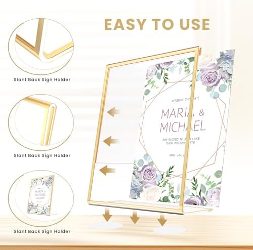 Acrylic Gold Frames 5X7, Slanted Back Gold Picture Frames Table Acrylic Sign Holder for Photos Wedding Table Numbers and Art Display with Removable Clear Sticky Dots，6 Pack - Image 4