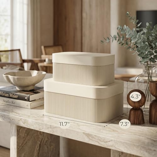 Decorative Storage Boxes with Lids - Set of 2 Fluted Photo Organizer Bins - Image 3