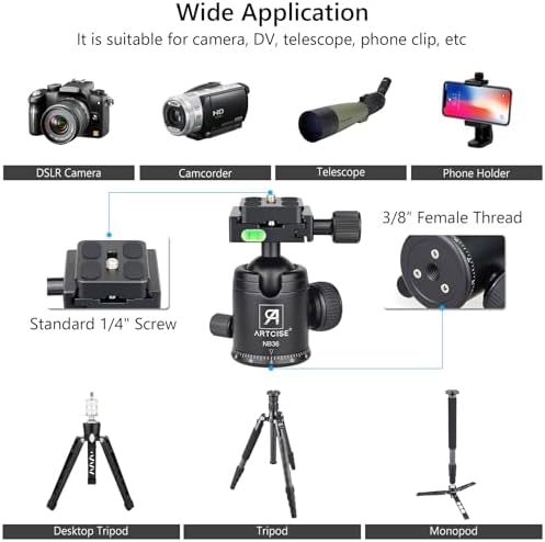 ARTCISE Tripod Ball Head Camera Tripod Ball Head Mount 36mm Diameter Ball ARTCISE All Metal CNC Professional Aluminium 360 Rotating Panoramic Ball Head Max Loading 33lbs - Image 6