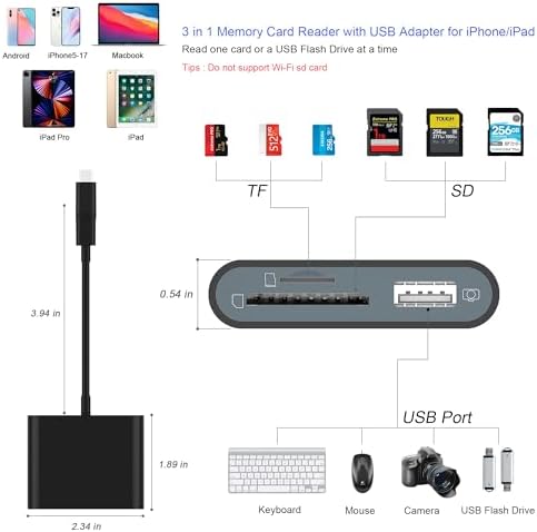 SD Card Reader for iPhone, Memory Card Reader with USB-C to Light-ning Adapter Plug and Play Trail Game Camera Micro SD Card Viewer Support SD/TF Card and USB for iPad No App Required (Black) - Image 2