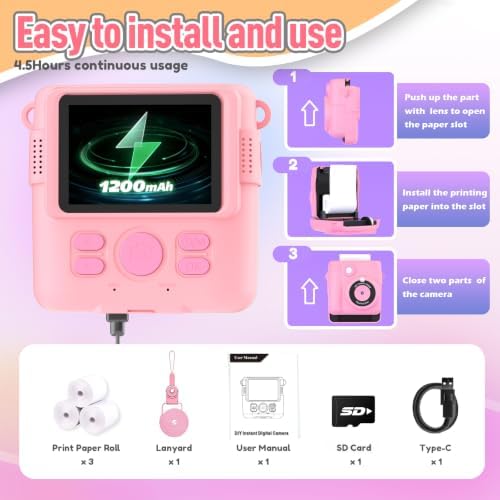 ESOXOFFORE Instant Print Camera for Kids, Christmas Birthday Gifts Girls Boys Age 3-12, HD Digital Video Cameras Toddler, Portable Toy 3 4 5 6 7 8 9 10 Year Old Girl with 32GB SD Card-Pink - Image 6