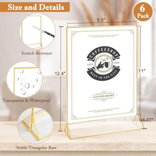 Floroom 6 Pack 8.5x11 Inch Clear Acrylic Sign Holders, Double-Sided Gold Display Stand Picture Frames for Table Numbers, Menus, Flyers, Weddings, and Offices - Image 2