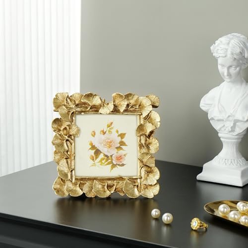 Cuspin 4x4 Picture Frame Small Gold Square Frame, Vintage Ginkgo Leaf - Image 6
