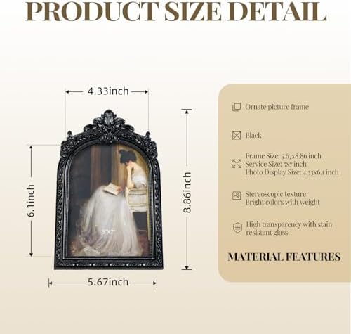 Cuspin 5x7 Black Picture Frame Vintage Ornate Arched Gothic Photo Frame - Image 5
