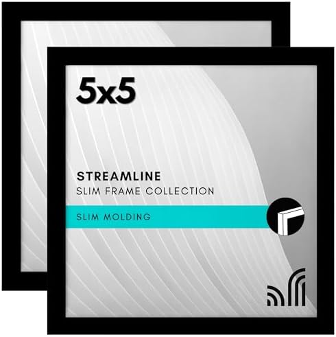 Americanflat 5x5 Picture Frame with Shatter-Resistant Glass - Set of 2 - Streamline Collection - Thin Border Square Frame for Tabletop and Wall - Hanging Hardware and Easel Stand Included - Black by Americanflat