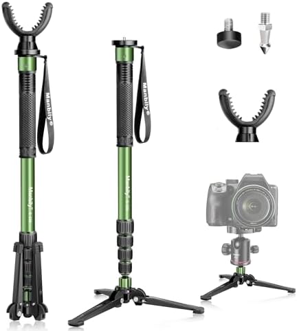 Manbily Shooting Stick Monopod with Tri-Stand Tripod Base, with Rotating and Removeable U-Shaped Yoke for Hunting, Shooting, and Outdoors-Green (G-333) by Manbily