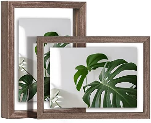 Egofine 5x7 Floating Frames Set of 2, Double Plexiglass Picture Frame, Made of Solid Wood Display Any Size Photo up to 5x7, Wall Mount or Tabletop Standing, Brown by Egofine