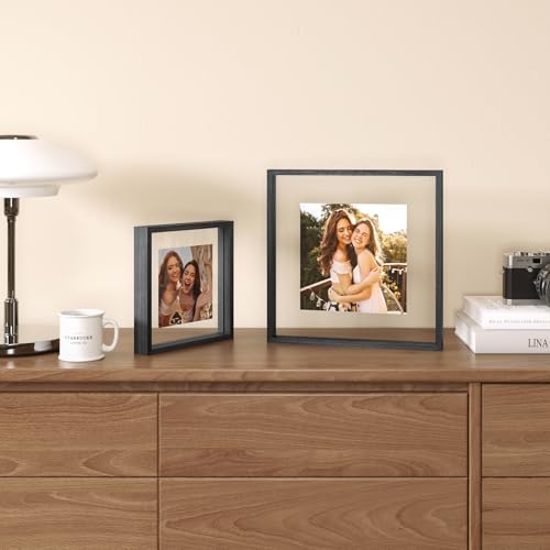Egofine 8x8 Floating Frames Set of 2, Double Plexiglass Picture Frame, Made of Solid Wood Display Any Size Photo up to 8x8, Wall Mount or Tabletop Standing, Faded Black - Image 4
