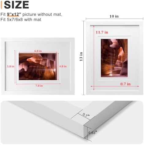 Egofine 9x12 Picture Frames Set of 4, Made of Solid Wood Covered by Plexiglass 5x7 and 6x8 with Mat or 9x12 without Mat, for Table Top Display and Wall Mounting Photo Frame White - Image 3