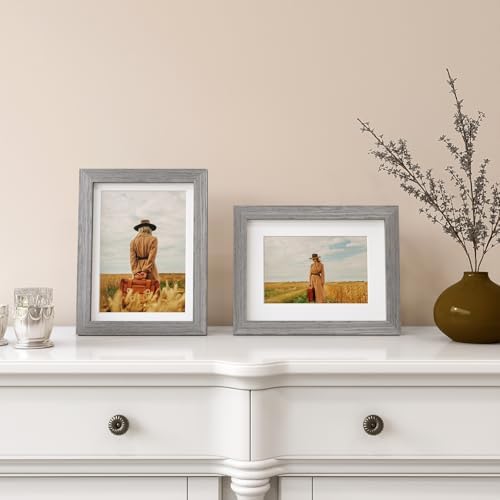Egofine 6x8 Picture Frames Set of 4, Made of Solid Wood Covered by Plexiglass 4x6 and 5x7 with Mat or 6x8 without Mat, for Table Top Display and Wall Mounting Photo Frame Light Grey - Image 5