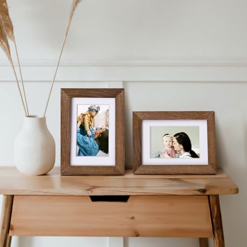 Egofine 4x6 Picture Frames Set of 4, Made of Solid Wood Covered by Plexiglass 3x4.5 and 3.5x5 with Mat or 4x6 without Mat, for Table Top Display and Wall Mounting Photo Frame,Walnut Brown - Image 5