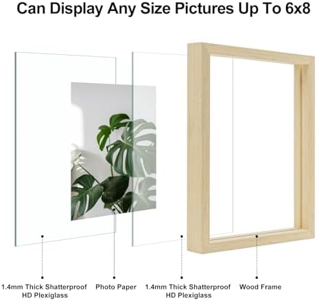Egofine 6x8 Floating Frames Set of 2, Double Plexiglass Picture Frame, Made of Solid Wood Display Any Size Photo up to 6x8, Wall Mount or Tabletop Standing, Natural Wood - Image 3
