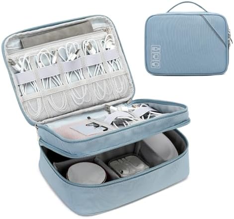Lanola Electronic Accessories Case,Electronics Travel Organizer, Portable Double Layer Cable Storage Bag for Cord, Charger, Flash Drive, Phone, SD Card,Flash Drive,Adapter - Light Blue by Lanola