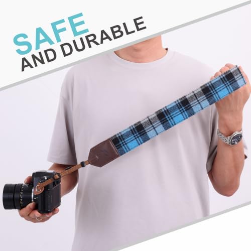 Padwa Lifestyle Camera Strap - 2" Full Grain Leather Ends Camera Straps for Photographers, Unique Vintage Cashmere and Soft Suede Fabric Padded Strap Quick Release fits All Cameras(Blue Check) - Image 5
