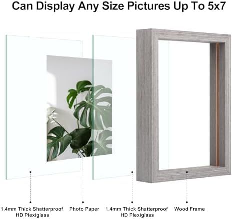 Egofine 5x7 Floating Frames Set of 2, Double Plexiglass Picture Frame, Made of Solid Wood Display Any Size Photo up to 5x7, Wall Mount or Tabletop Standing, Light Grey - Image 3