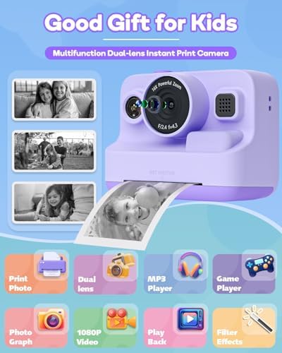Instant Print Camera for Kids,2.4 Inch Screen Kids Instant Cameras, Christmas Birthday Gifts for Girls Age 3-12, Portable Toddler Toy for 3 4 5 6 7 8 9 10 Year Old Girls Boys Purple - Image 2