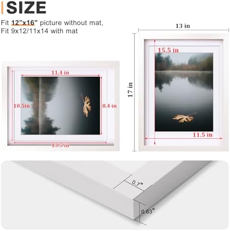 Egofine 12x16 Picture Frames Set of 4, Made of Solid Wood Covered by Plexiglass 9x12 and 11x14 with Mat or 12x16 without Mat, for Wall Mounting Photo Frame White - Image 3