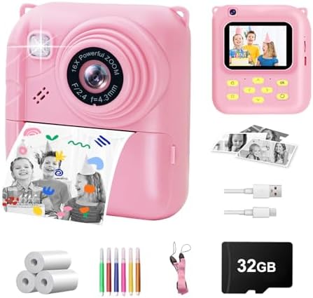 Instant Print Camera for Kids, 1080P Video Camera with 3 Print Rolls by QDH