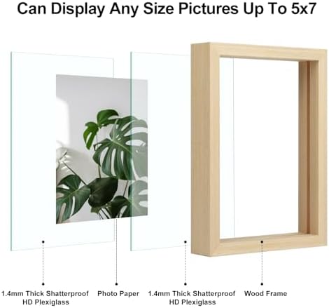 Egofine 5x7 Floating Frames Set of 2, Double Plexiglass Picture Frame, Made of Solid Wood Display Any Size Photo up to 5x7, Wall Mount or Tabletop Standing, Natural Wood - Image 3