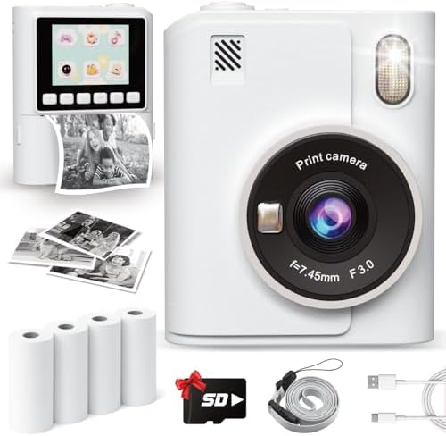 Instant Print Camera for Kids, 1080P Instant Digital Print Cameras for Toddler, Portable Toy for 4 5 6 7 8 9 10 Year Old Girl, Christmas Birthday Gifts for Girls Boys with SD Card White by ANBURI