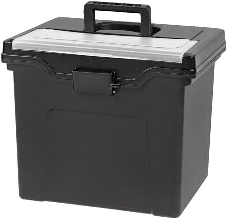 IRIS USA File Box Organizer with Lid, Letter File, Portable Handle, Black by IRISUSA