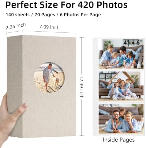 Vienrose Photo Album 4x6 Photos 420 Pockets Linen Cover Slip-in Photo Book with Round Window for Wedding, Vacation Memories, Personalized Picture Organizer, Beige - Image 2
