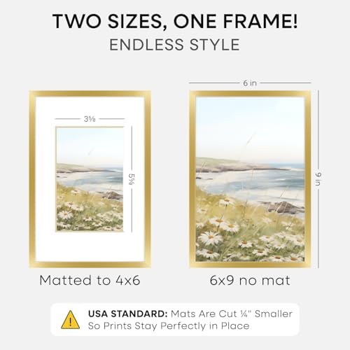 Homeforia 6x9 Gold Picture Frame, High-End Metal, 4x6 Mat, Glass - Image 2