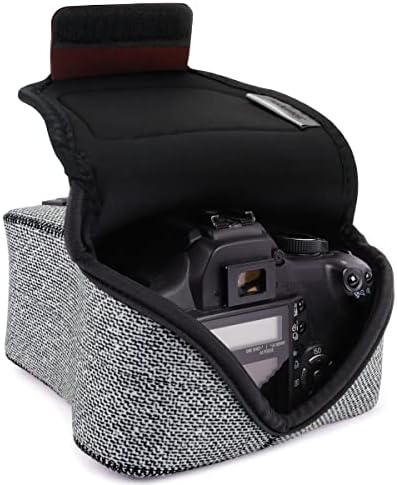 USA Gear Camera Sleeve (Medium) for Compact SLRs Compatible with Canon EOS R100 Nikon Z30 Sony ZV-E10, and more - Padded Neoprene DSLR Case with Zipper Accessory Pocket & Belt Loop (Gray Woven) by USAGEAR