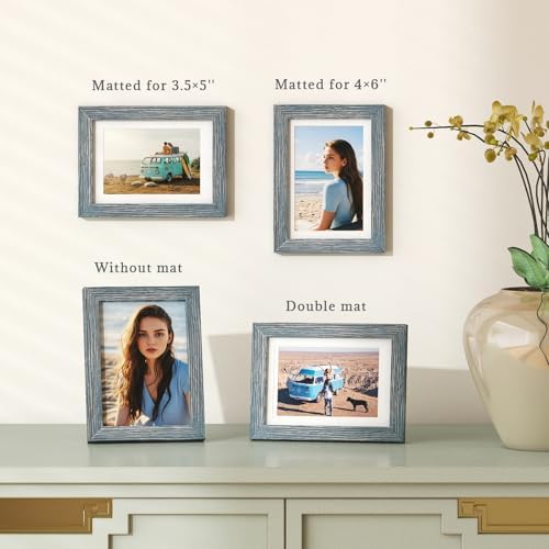 Egofine 5x7 Picture Frames Set of 4, Made of Solid Wood Covered by Plexiglass 3.5x5 and 4x6 with Mat or 5x7 without Mat, for Table Top Display and Wall Mounting Photo Frame Rustic Blue - Image 6