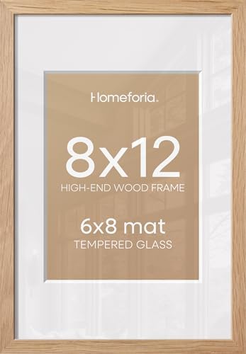 Homeforia 8x12 Natural Oak Picture Frame, High-End Wood, 6x8 Mat, Glass by Homeforia