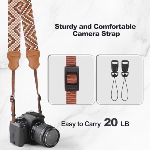 Universal Camera Strap - Camera Neck Strap, Adjustable Shoulder Straps Compatible with Canon, Fujifilm, Nikon, Olympus, Panasonic and other SLR and mirrorless cameras - Brown White Gquares - Image 6