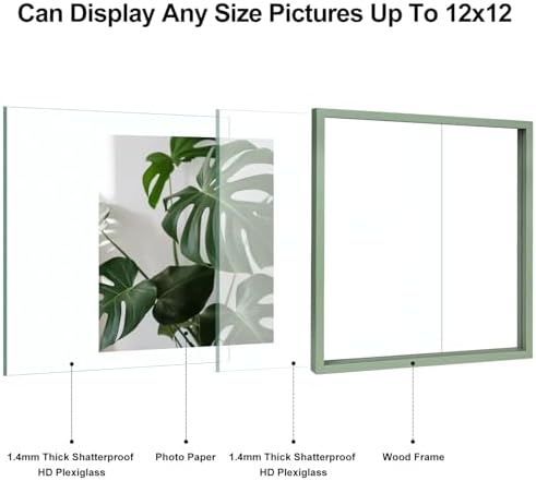 Egofine 12x12 Floating Frames Set of 2, Double Plexiglass Picture Frame, Made of Solid Wood Display Any Size Photo up to 12x12, Wall Mount or Tabletop Standing, Green - Image 3