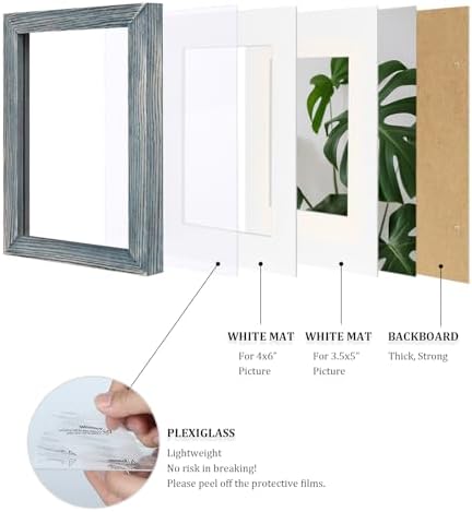 Egofine 5x7 Picture Frames Set of 4, Made of Solid Wood Covered by Plexiglass 3.5x5 and 4x6 with Mat or 5x7 without Mat, for Table Top Display and Wall Mounting Photo Frame Rustic Blue - Image 4