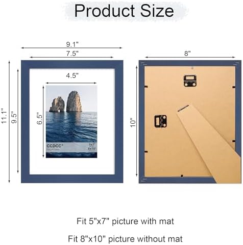 8x10 Picture Frame Set of 2, 8 x 10 Wood Photo Frames with Mat for 5x7, Natural Wooden Frame with Real Glass Cover for Wall and Tabletop Display,Blue - Image 4