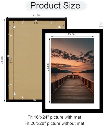 20x28 Poster Frame Set of 2, 20 x 28 Wood Picture Frames with Mat for 16x24, Wooden Photo Frame with Tempered Glass Cover for Wall Mounting Display, Black - Image 5