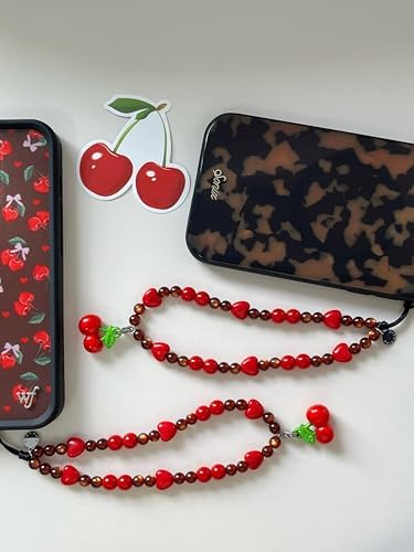 Drawwind Phone Charm Beaded Wristlet Strap Universal Cell Phone Lanyard Cute Bracelet Wrist Strap Beaded Chain String Handmade Accessories for Case Camera Bags (Sweet Cherries) - Image 6