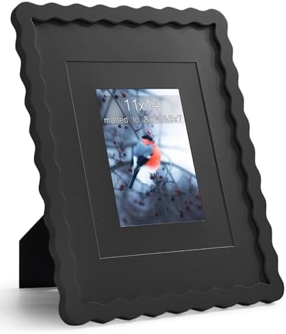 11x14 Black Picture Frame with Mat for 8x10/5x7, Curved Wavy Edge Deco Wooden Real Glass, Vertical or Horizontal Display Photo Gallery Wall & Tabletop Frame by Gdfmsc