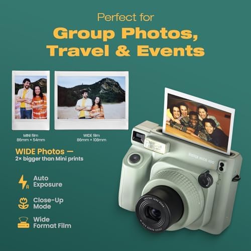 FUJIFILM instax Wide 400 Instant Film Camera Bundle with Instax Wide Film, Sage Green Leather Case, 28-Photo Album, Close-Up Lens, Shoulder Strap, Batteries, and Camera Accessories - Image 3