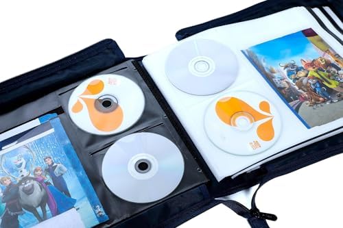 DVD CD Storage Case with Extra Wide Title Cover Pages for Blu Ray Movie Music Audio Disk (Portable Carrying Binder Holder Wallet Album Home Organizer Shelf )- Blue, 128 disk units, 64 cover pockets - Image 4