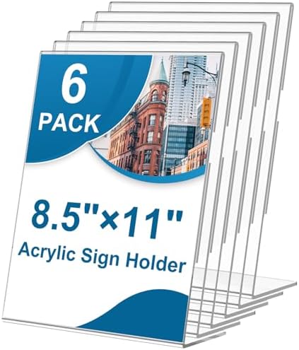 6 Pack Acrylic Sign Holder 8.5 x 11, L-Shape Clear Plastic Display Stand for Tabletop, Acrylic Stands for Flyers, Table Paper Holder, Vertical Sign Holder 8.5x11 for Restaurants, Office and School (Slant 6 Pack 8.5x11) by Seencool