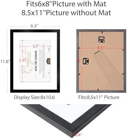 8.5x11 Picture Frame Set of 6, Certificate Document Frame, Diploma Frame, Display Pictures 8.5x11 Without Mat, Black - Image 5