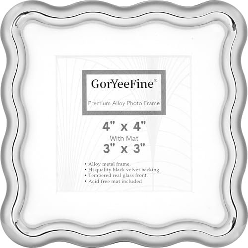 High-End Silver 4x4'' Square Zinc Alloy Picture Frames,with Acid Free Mat for 3x3'',Unique Wave Design Picture Frame with Premium Soft Velvet & Backing for Tabletop or Home Decor by GorYeeFine