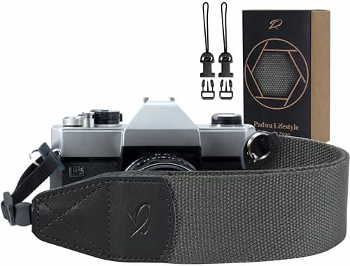 Padwa Lifestyle Grey Camera Strap - 2" Wide Genuine Leather Ends Camera Straps for Photographers, Vintage Cotton Woven Strap with Camera Quick Release Clips fits All Cameras and Binoculars by PadwaLifestyleCameraStrap