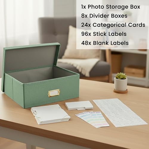 Linen Photo Storage & Keepsakes Box with Dividers for Cards & Photos - Image 3