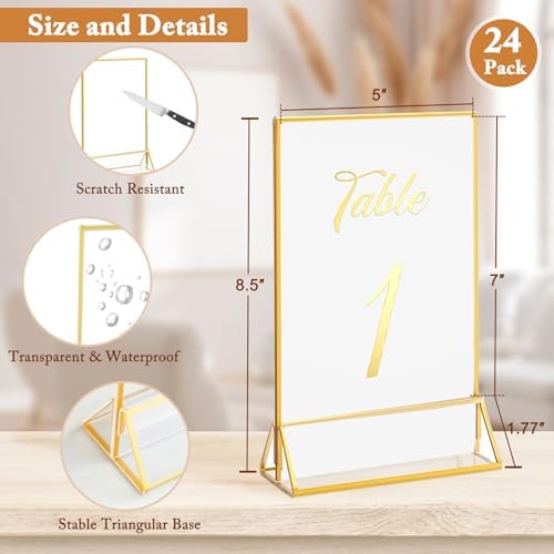 Floroom 24 Pack 5x7 Inch Clear Acrylic Sign Holders, Double-Sided Gold Display Stand Picture Frames for Table Numbers, Menus, Flyers, Weddings, and Offices - Image 2